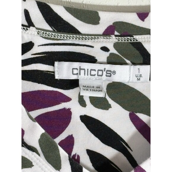 Chicos White Purple Olive Floral 3/4 Sleeve V-Neck Cotton Woman Sz 1 Medium Top - Picture 6 of 13